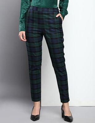 mid rise slim fit tartan check trousers