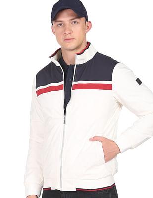 high neck colour block bomber jacket