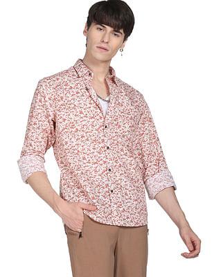 men beige abstract print cotton casual shirt