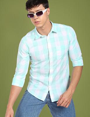 slub buffalo check spread collar casual shirt