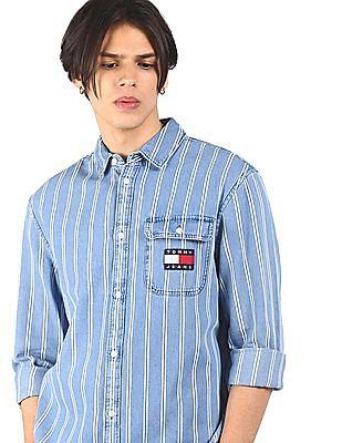 men blue striped denim casual shirt