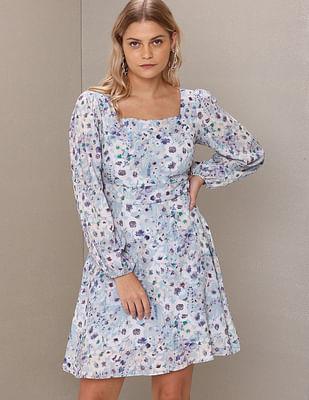 square neck floral print fit and flare dress