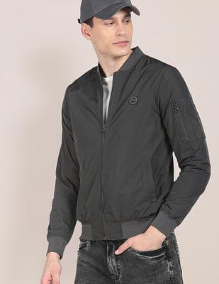 solid stand collar bomber jacket