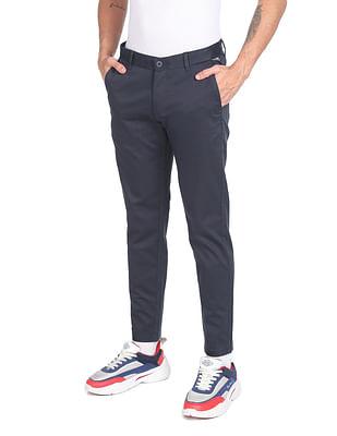 men navy super slim fit solid casual trousers