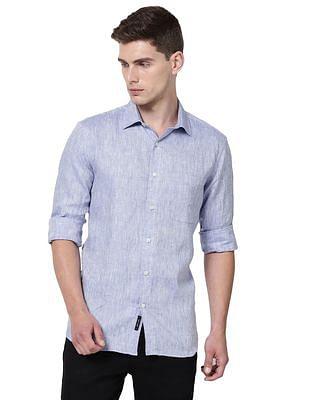 men blue spread collar solid casual shirt