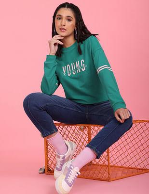 green crew neck typographic print cotton sweatshirt