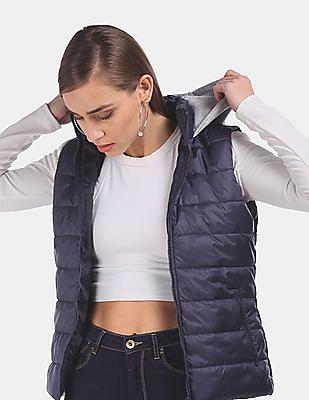 navy contrast hood solid gilet jacket