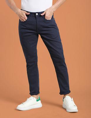 mid rise solid twill casual trousers