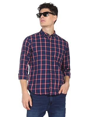 men navy tartan check cotton twill casual shirt