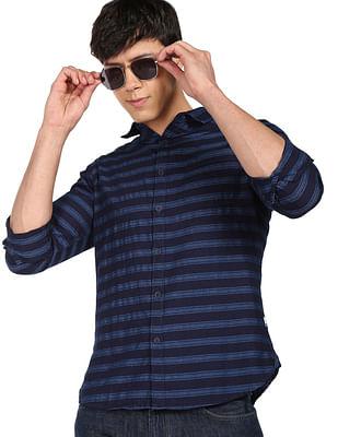 men navy horizontal stripe cotton twill casual shirt