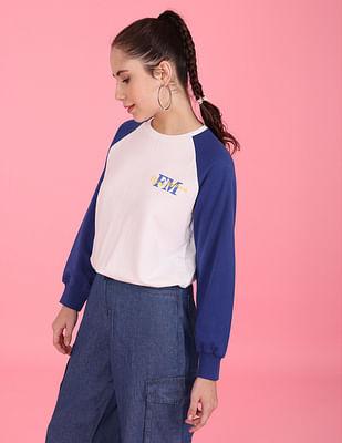 white and blue raglan sleeve colour block sweatshirt