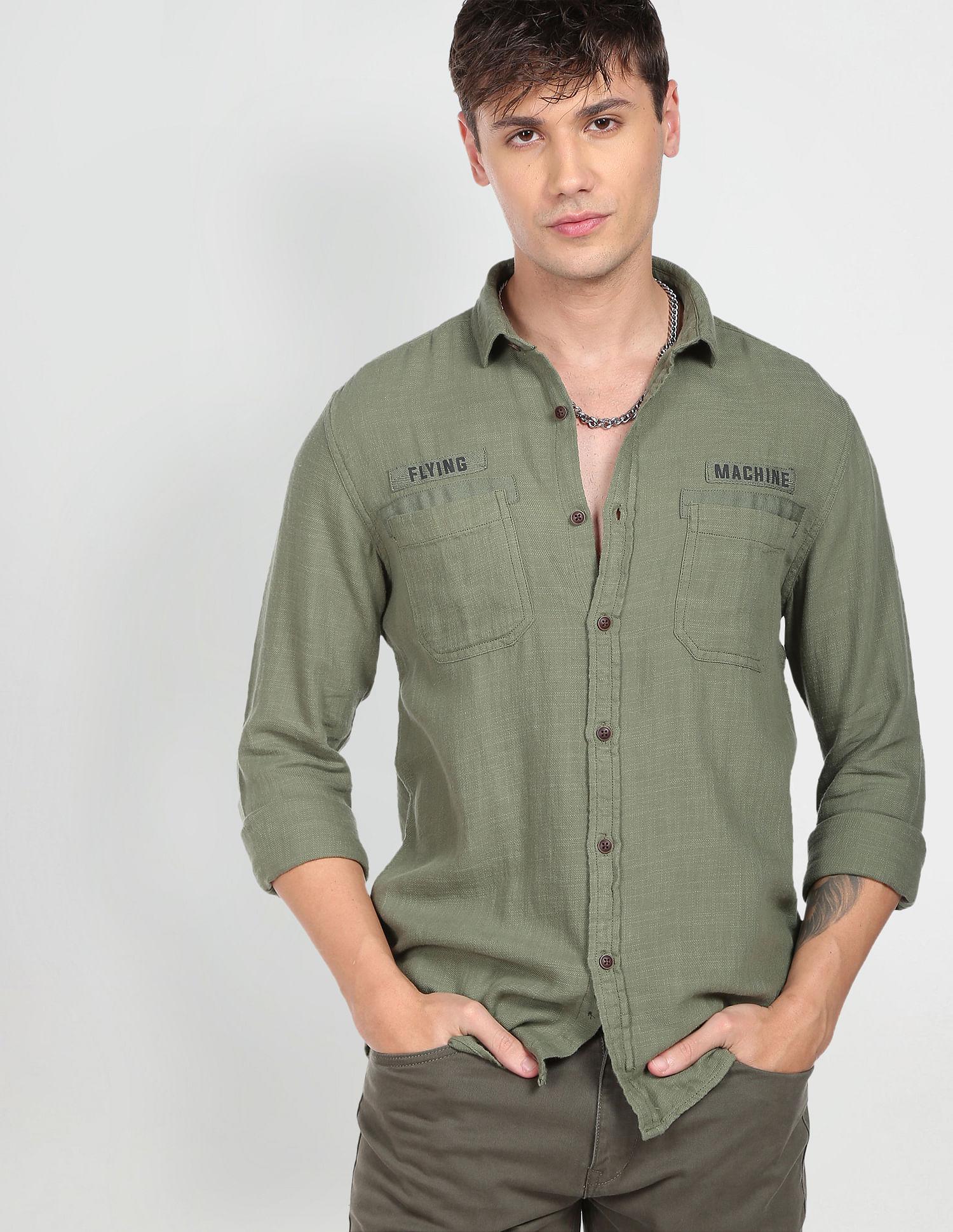 men olive two patch pocket herringbone casual shirt