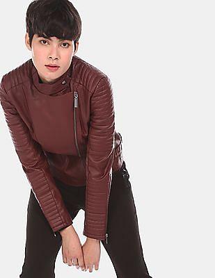 wine asymmetric zipper solid biker jacket