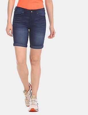 blue upturned hem stone wash denim shorts