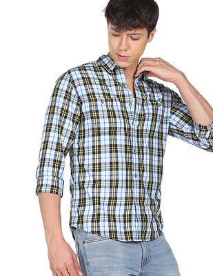 men blue spread collar tartan check twill shirt