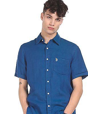 men blue linen solid casual shirt