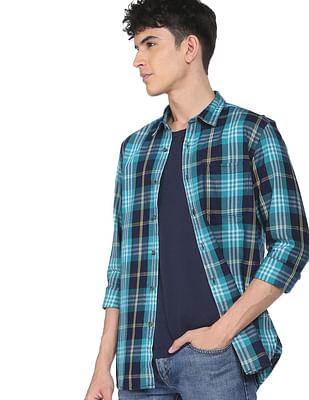 men green twill weave plaid check casual shirt