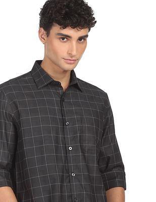 men charcoal semi cut away collar check casual shirt