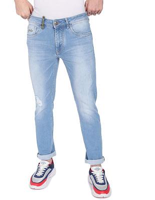 mid rise denim weave whiskered jeans