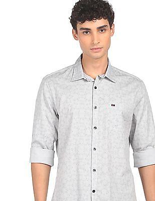 men grey slim fit printed casual shirt