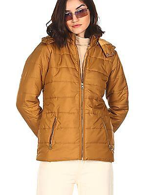 women tan hooded neck quilted jacket