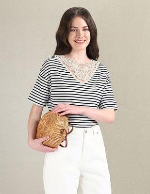 lace overlay striped t-shirt