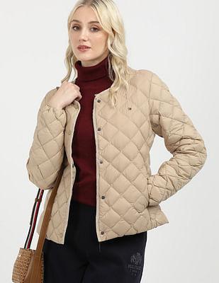 down quilted collarless jacket