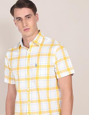 men yellow and white premium cotton tartan check casual shirt