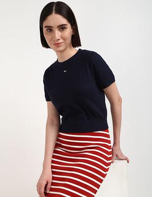 short sleeve crew neck crop sweater