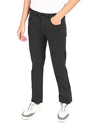 men black mid rise striped casual trousers