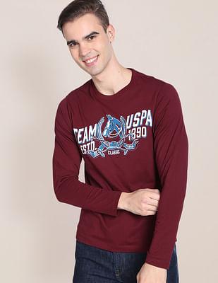 men maroon long sleeve brand print cotton t-shirt