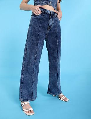 blue mid rise wide leg straight jeans