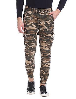 camo print flat front cargo trousers