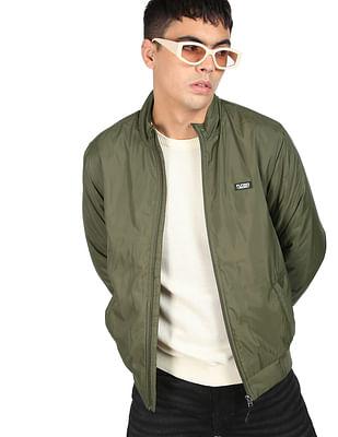 men olive stand collar solid casual jacket