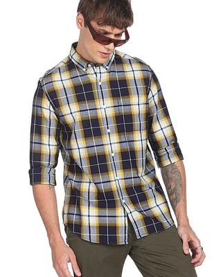 men blue twill weave plaid check casual shirt