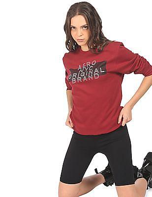 women maroon crew neck brand print sweatshirt