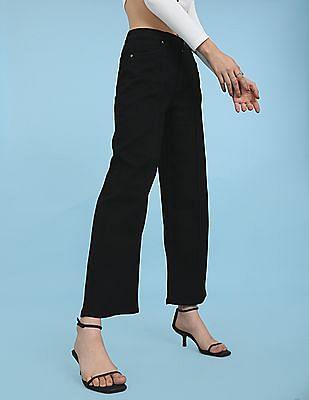 black mid rise wide leg panelled jeans