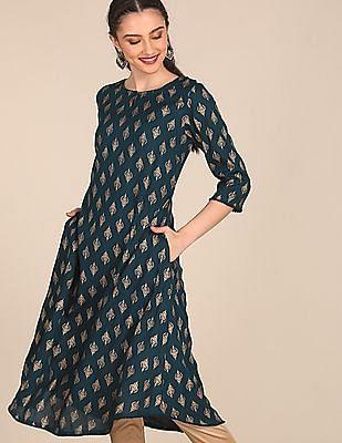 women dark green round neck metallic print kurta