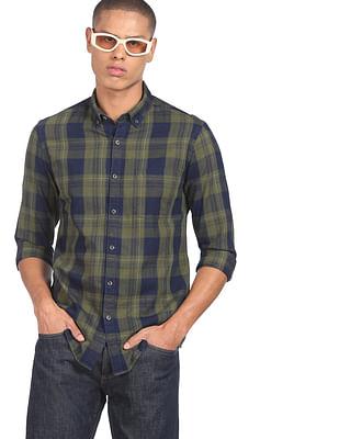 men green button down collar plaid check casual shirt