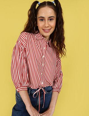 white and red vertical stripe puffed sleeve crop shirt