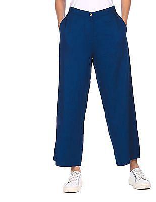 women blue semi elasticized waist solid trousers