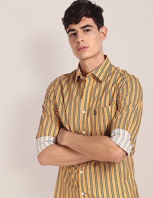 men mustard cotton striped casual shirt