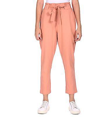 women peach elasticized waist solid trousers