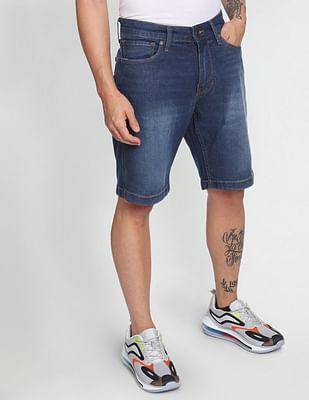 mid rise stone wash denim shorts