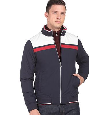 high neck colour block bomber jacket