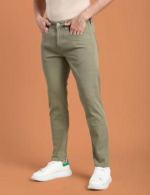 mid rise solid twill casual trousers