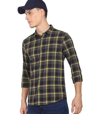 men charcoal tartan check cotton casual shirt