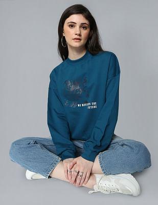 women teal crew neck graphic print sweatshirt