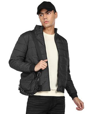 men black high neck solid quilted jacket