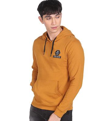 men mustard crew neck solid hooded sweatshirt